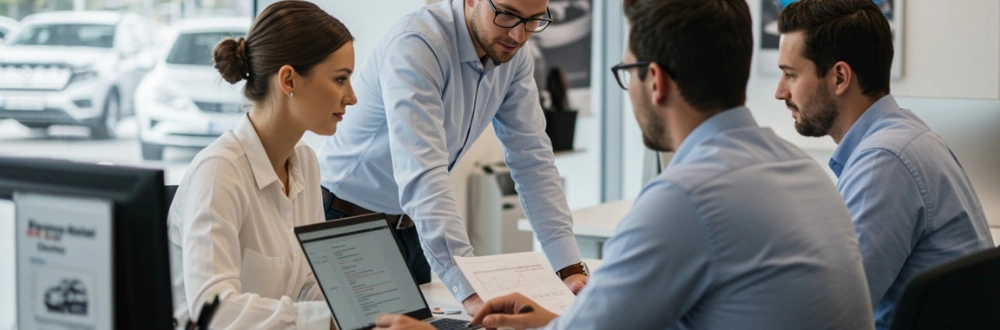 Car dealership team huddled around table discussing data